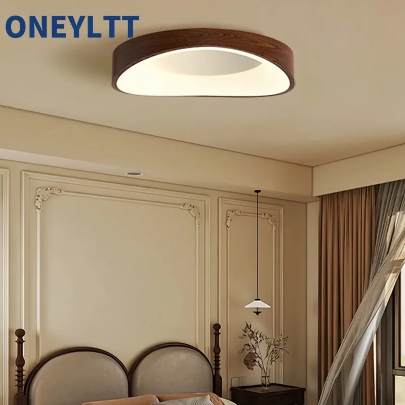 

Bedroom light, circular ceiling light, new Chinese walnut wood grain color, room study light, modern simple ultra-thin LED light