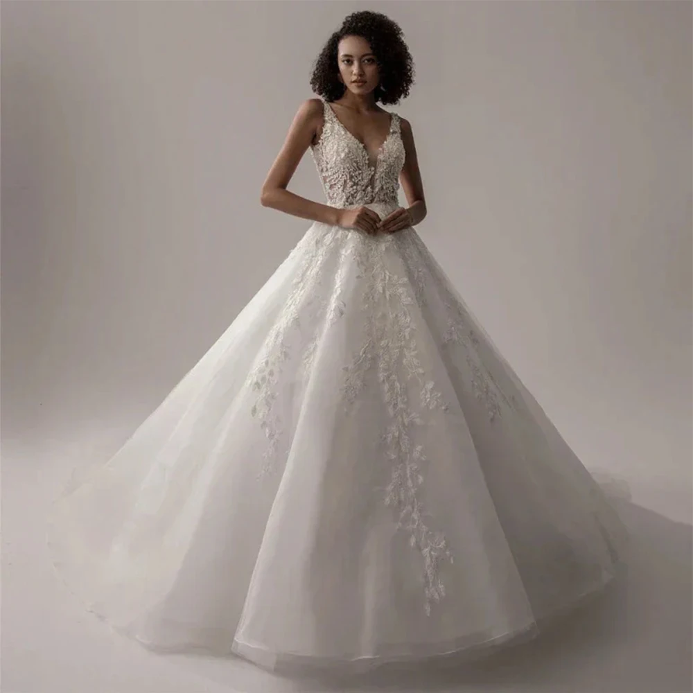 

DRESS FORU Elegant Sexy Wedding Dress Tulle for Floor-Length V-Neck Sleeveless Prom Dress Embroidery Robes De Soirée Customized