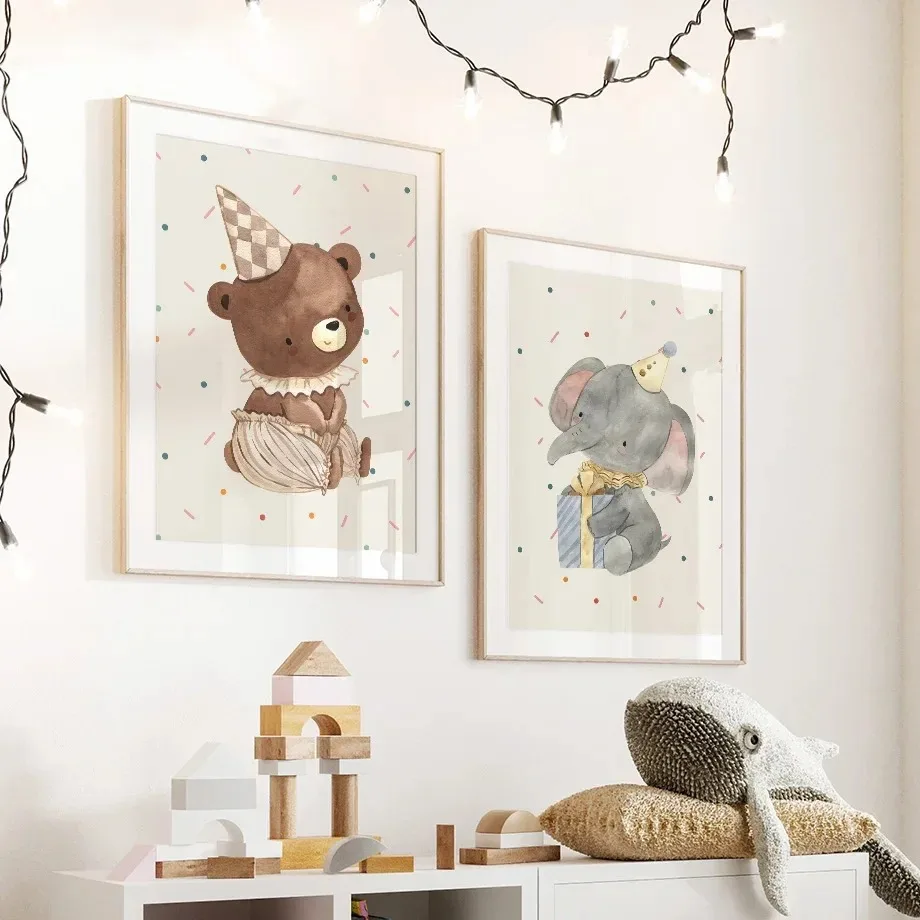 Cute Bear Rabbit Raccoon Elephant Animal Nursery Wall Art Canvas Painting Nordic Posters Prints Pictures Baby Kids Room Decor