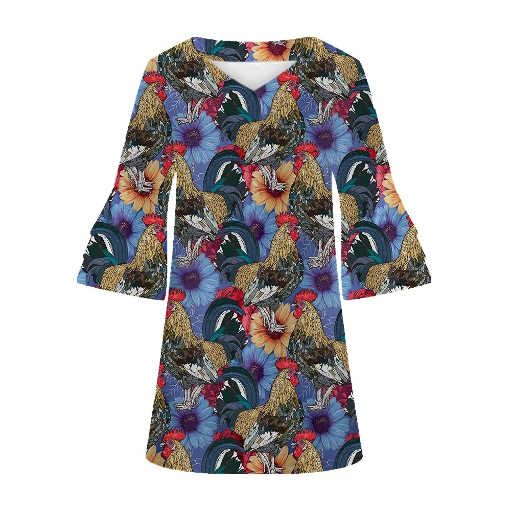 Jumeast الديك ثلاثية الأبعاد المطبوعة المرأة عادية متوهج كم فستان بفتحة عنق على شكل v خمر عباد الشمس أنيقة براهمان تنورة الملابس الاستوائية