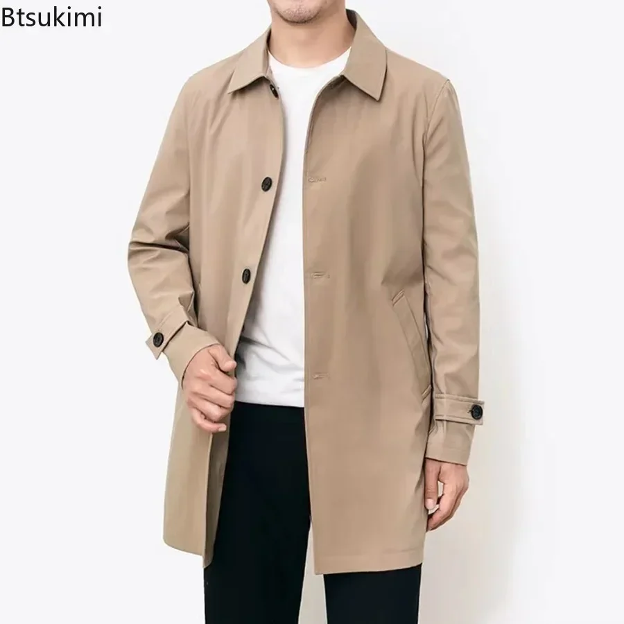 

2025Men's Brand Trench Coats Business Casual Solid Color Mid-length Jackets Fashion Lapel Windbreaker Coats Male Outerwear Coats