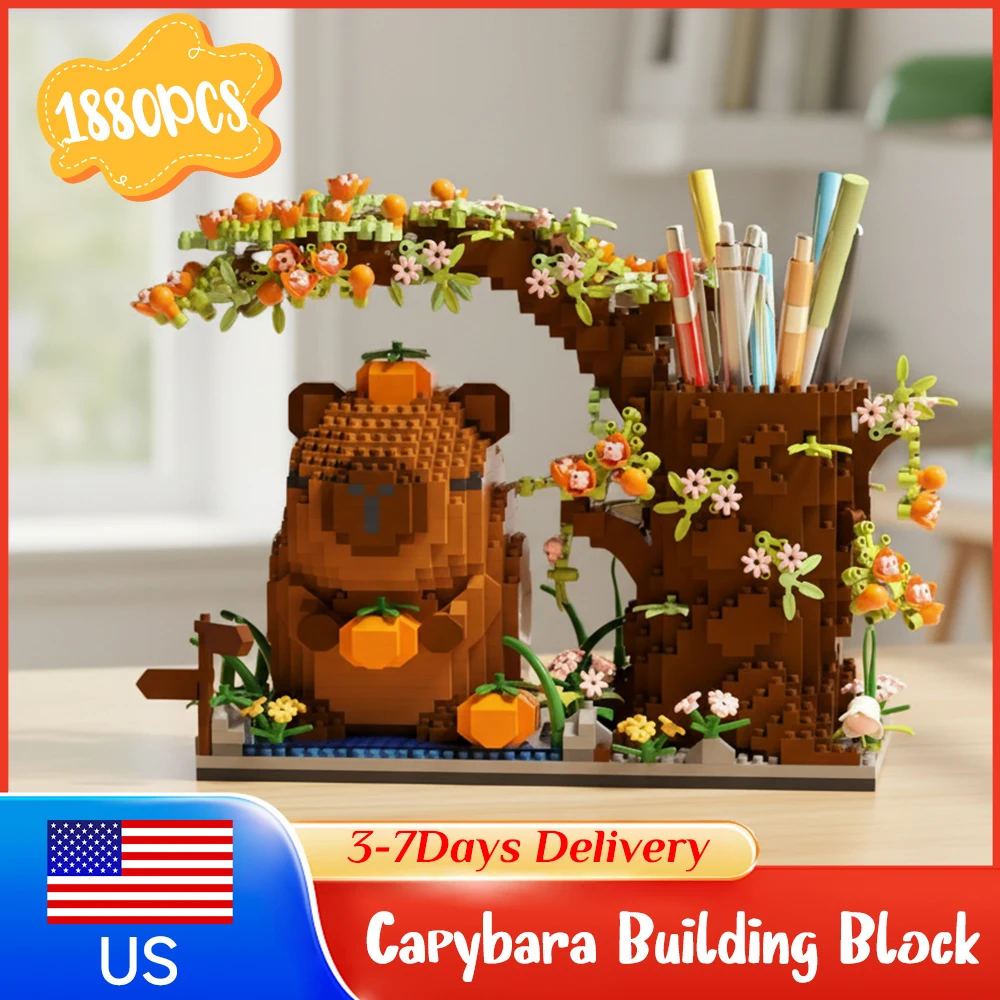 

1880pcs Capybara Building Block Pen Holder DIY Bricks Toy MultiFunction Desk Organizer Animal Theme Desktop Decor for OfficeHome
