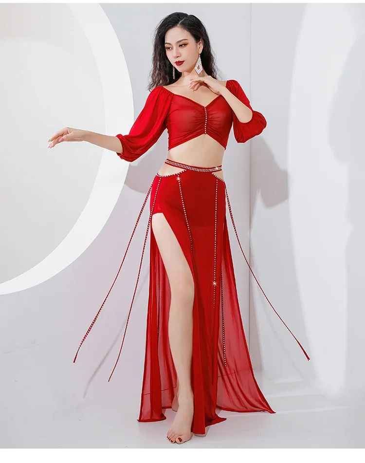 New belly dance set 2pcs French puff sleeves half high waist hot drill tassel light luxury training clothes practice suit