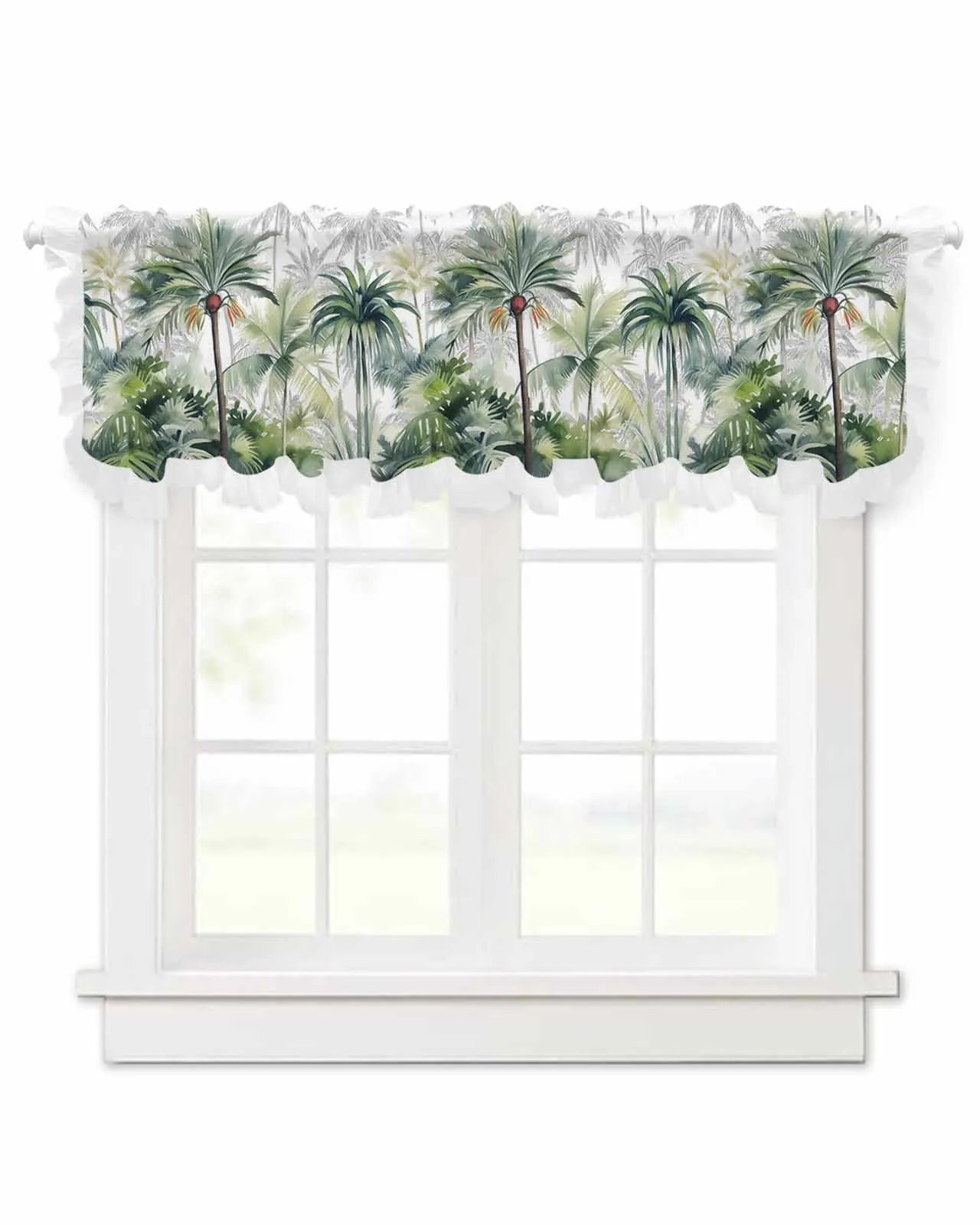 Summer Tropical Palm Trees Short Tulle Half Curtains for Living Room Kitchen Door Cafe Window Sheer Valance Drapes