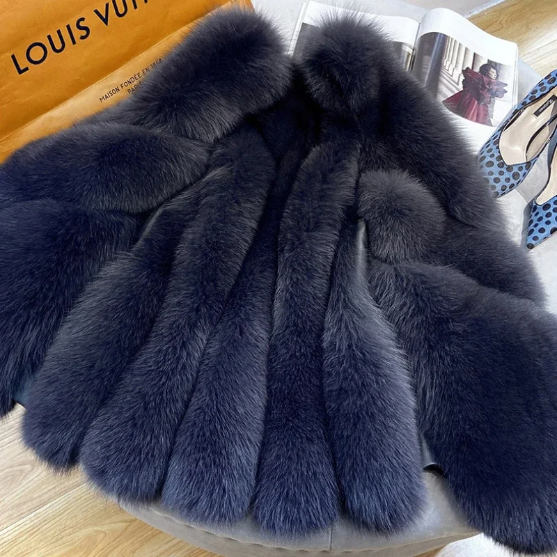 Otoño Invierno chaleco de piel para mujer grueso cálido largo de piel sintética chalecos empalmados de zorro mujer sólido cuello en V abrigo sin mangas hecho por el hombre para mujer
