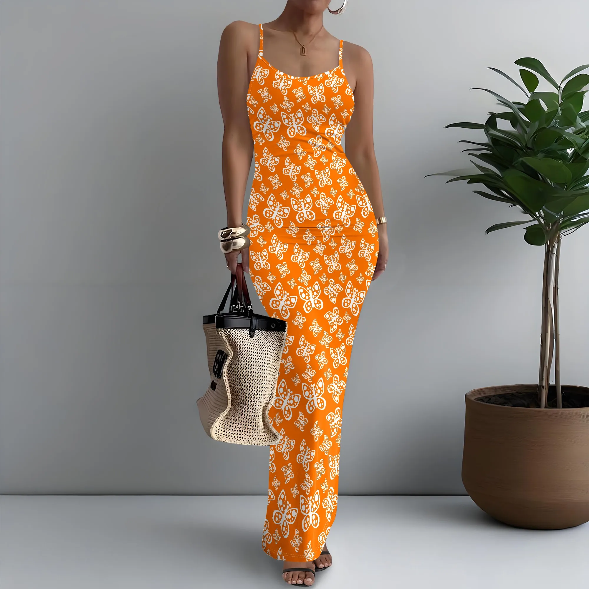

Women's Spaghetti Strap Maxi Dress Minimalist Butterfly Print Slim XS-3XL