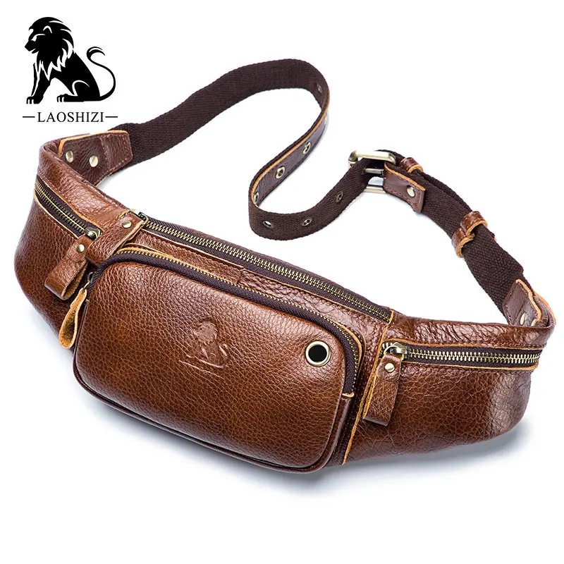 Laoshizi Men's Genuine Leather Waist Packs Multifunction Fashion Leather Chest Bag Sports Casual Leather Travel Pocket Phone Bag