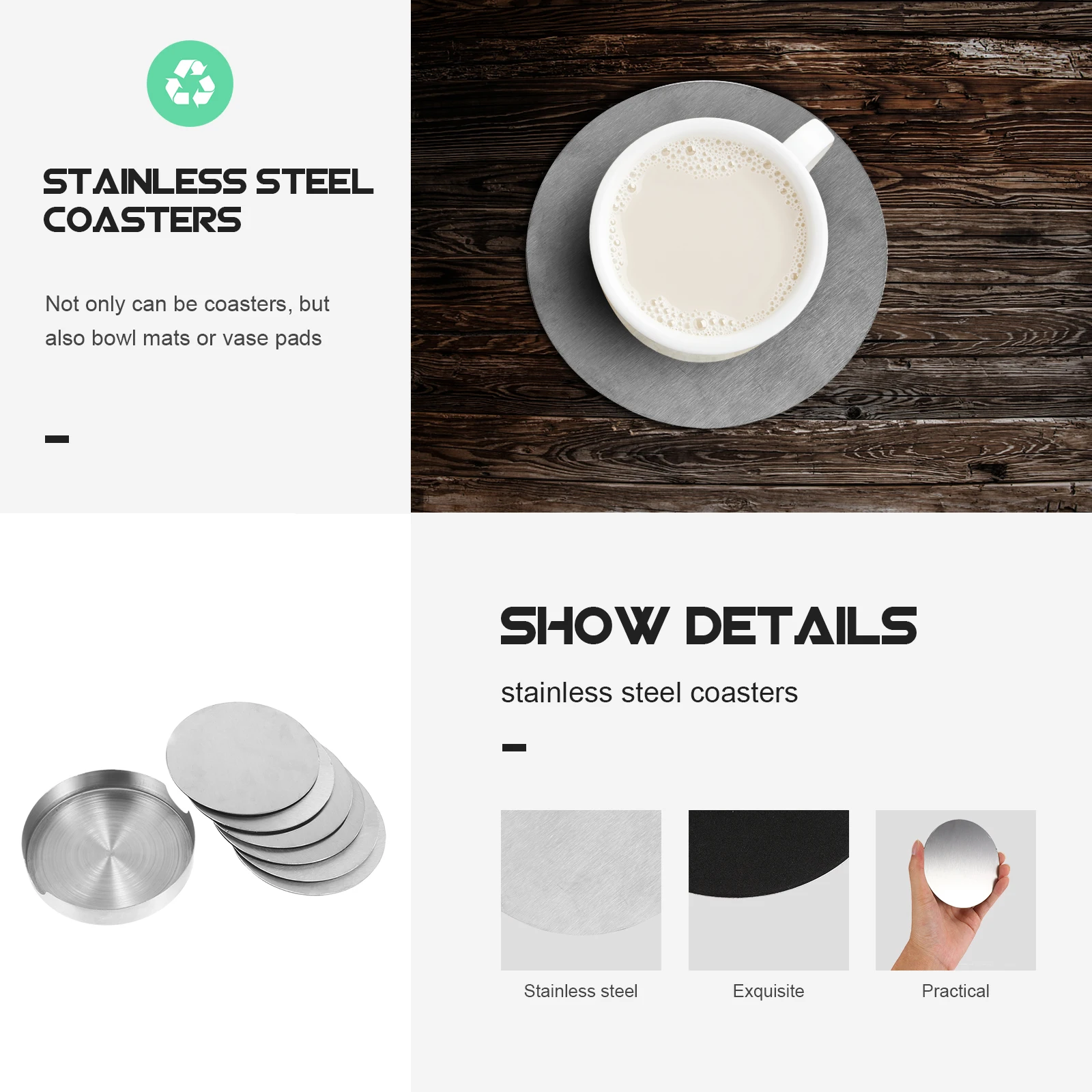 

Round Insulated Coasters Stainless Steel Practical Table Pads Dinning Rust proof Anti rust Mats Bowl Vase Pads Silver Outdoor