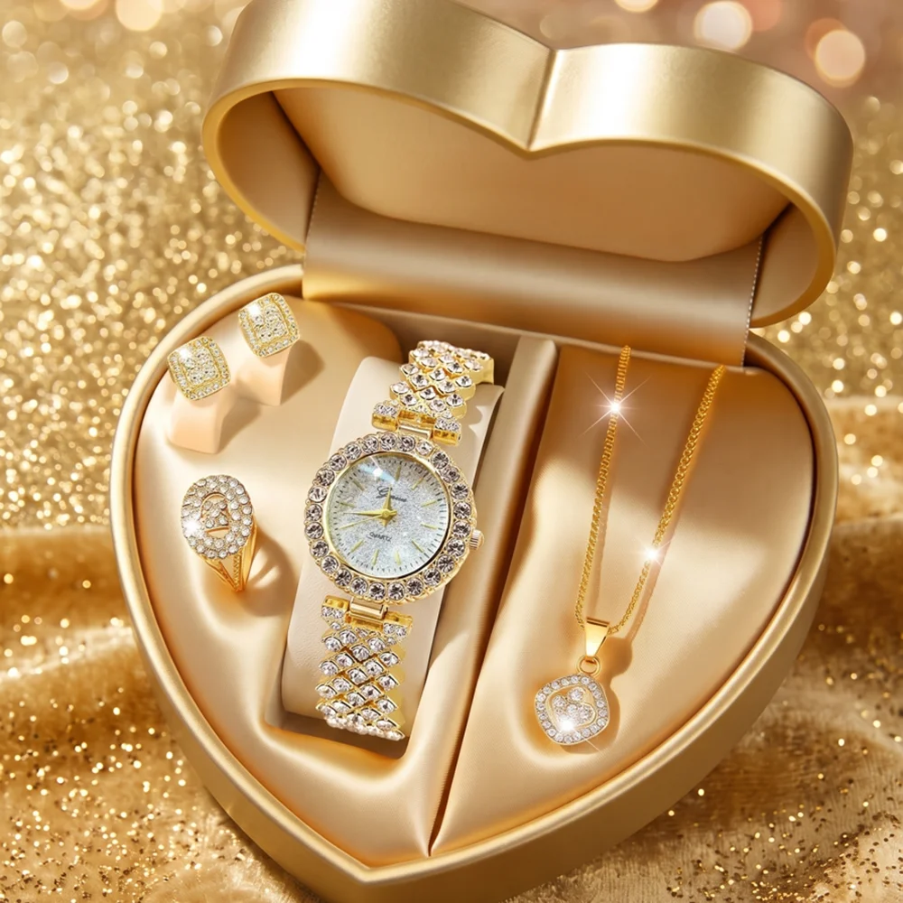 5Pcs/Set Unisex Jewelry Watches Women's Wristwatch Accessories Gold Fashion Business Elegant Trendy Classic Exquisite Light Luxury Rhinestone Luxury Bracelet Watch Set Y2K Suitable for Travel, Vacation, Parties, Daily Outfits, and Our Holiday Gifts