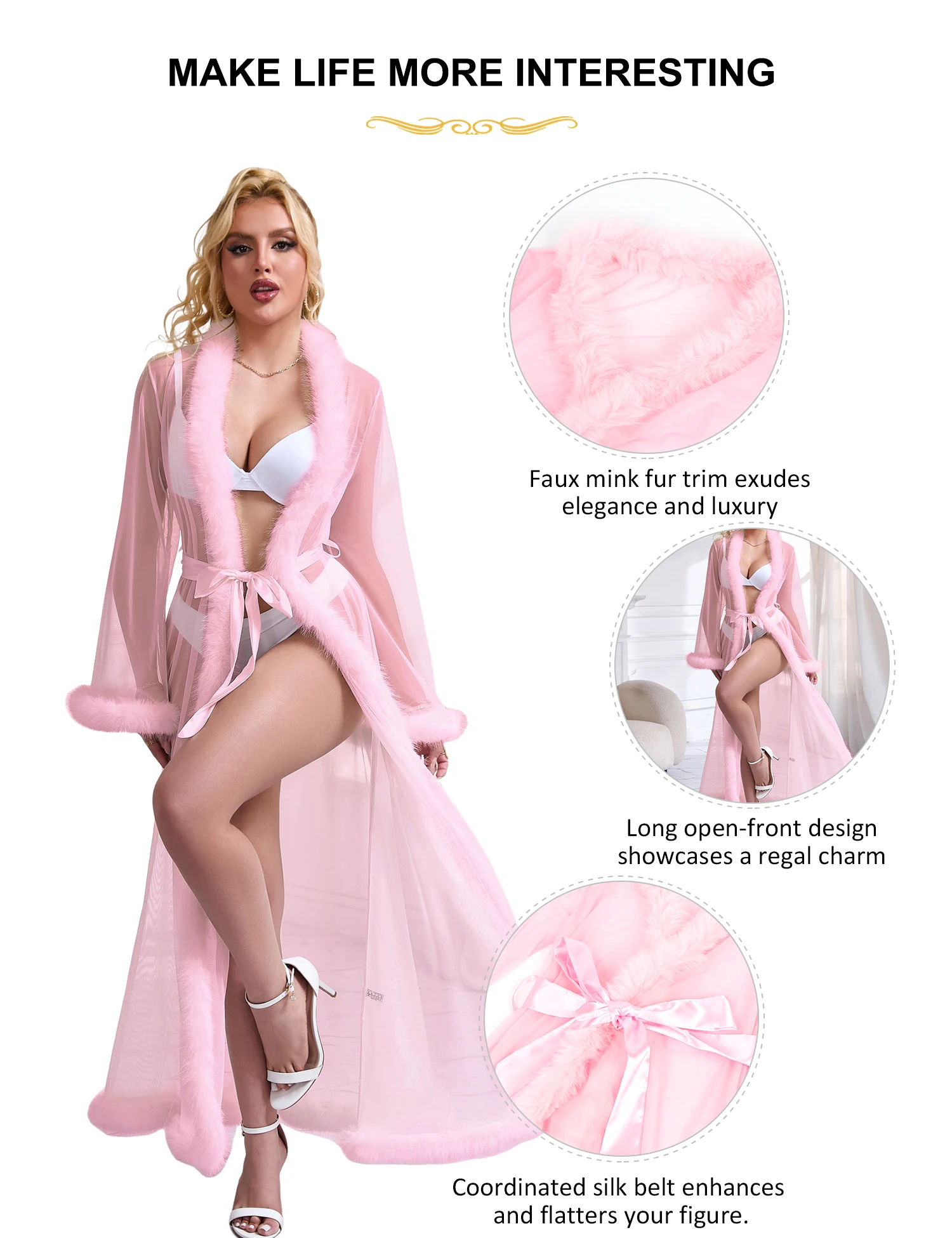 Long Robe Women's Pink Sexy Mesh Imitation Mink Fur Trim Robe With Silk Belt Hot Women Pajama Negligee Erotic Sleepwear Lingerie