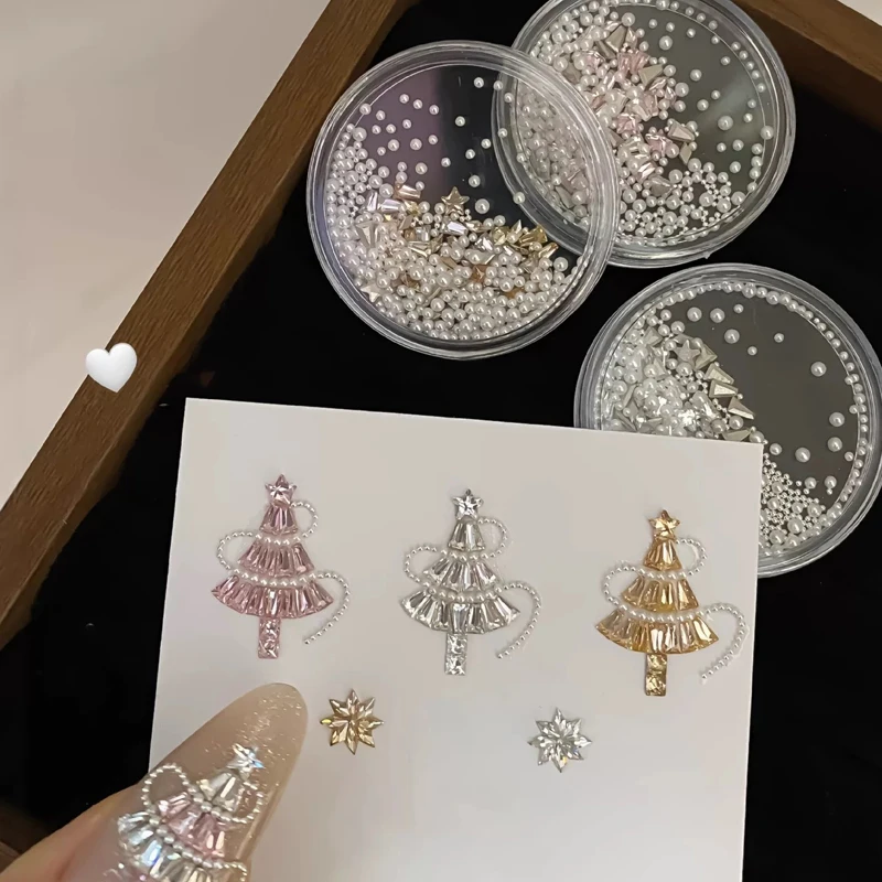 1 box white, pink, and champagne-colored nail art rhinestones, perfect for DIY nail art and artistic designs, ideal for Christma