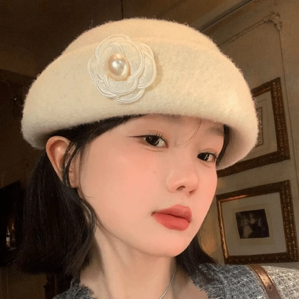 Bow Hepburn Style Topper Hat Pearl French Style Woolen Bucket Hat British Style Camellia Flower Wool Fisherman Hat Autumn