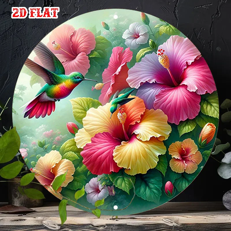 Letrero Redondo de Madera con Hibisco Tropical Vintage en 2D, Arte de Pared con Estética Floral Boho, Placa de Madera Estilo Shabby Chic, Cott