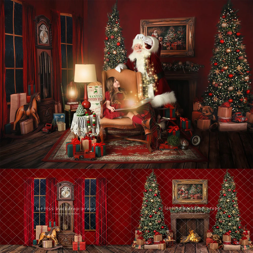 Santas Fireside Mantle Backdrops Kids Family Photography Child Baby Photocall Xmas Fireplace Red House Backgrounds