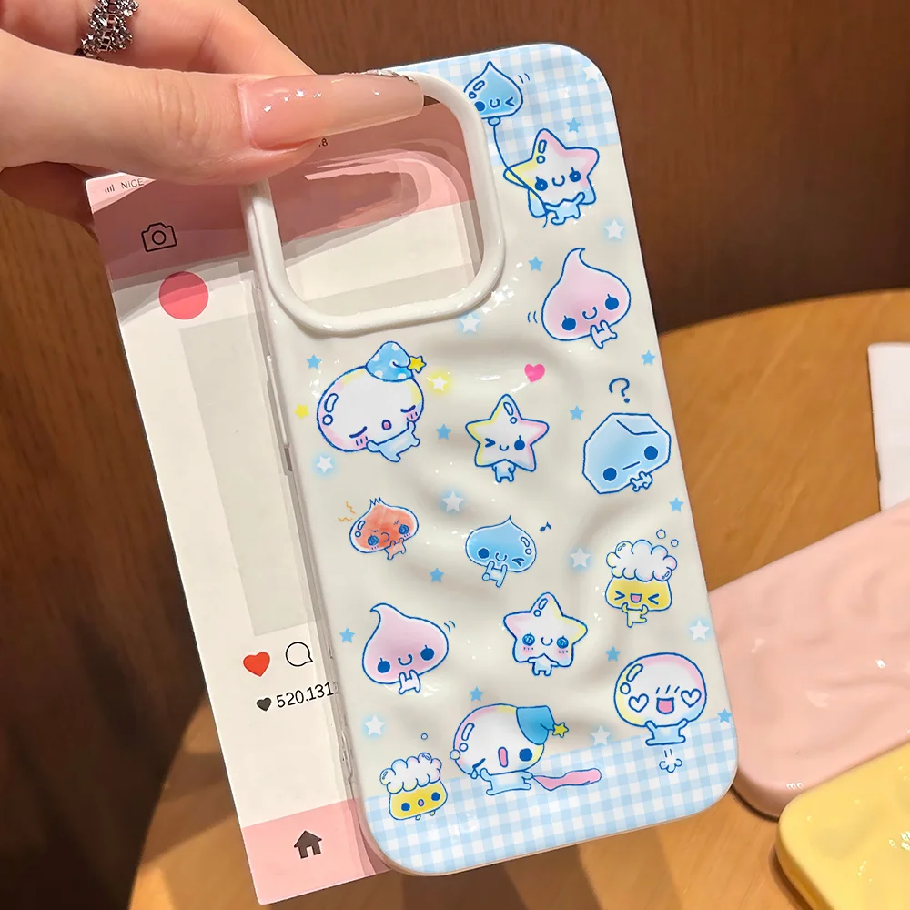 Cute Star Blue Water Bead Grid 3D Irregular Wrinkle Meteorite Phone Cases For iPhone 17 16 15 14 Plus 13 12 11 Air Pro Max  Soft