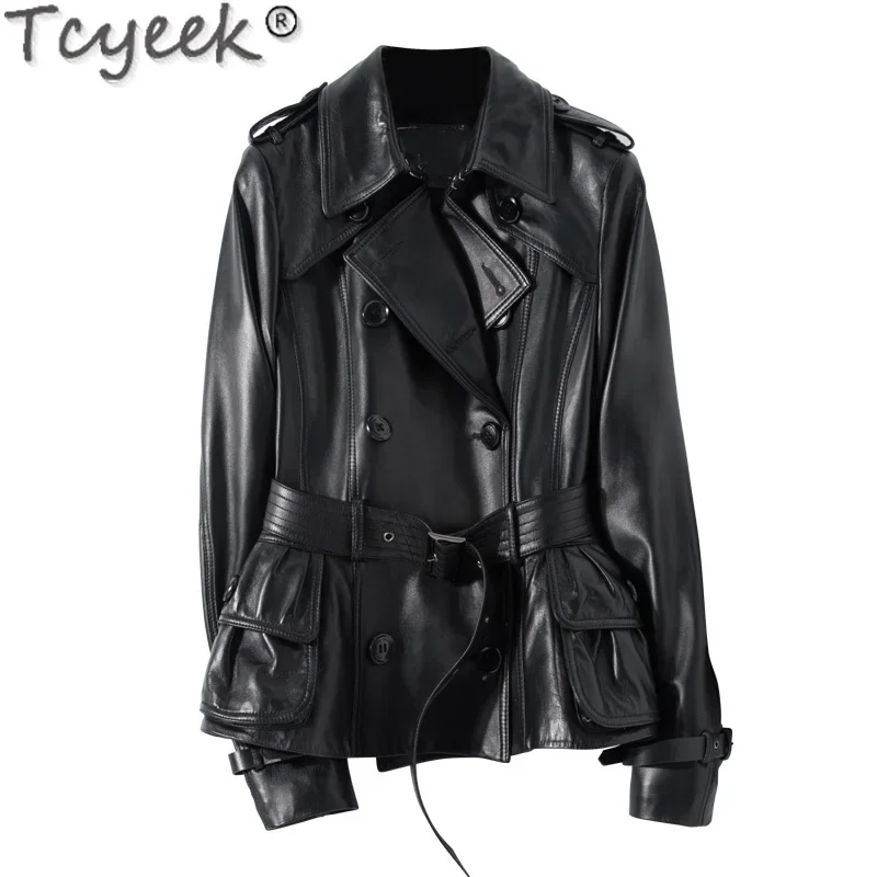 Tcyeek-Veste de moto en cuir véritable pour femme, manteau coupe couvertes, ceinture, peau de mouton véritable, mode coréenne, vêtements d'automne, 2023