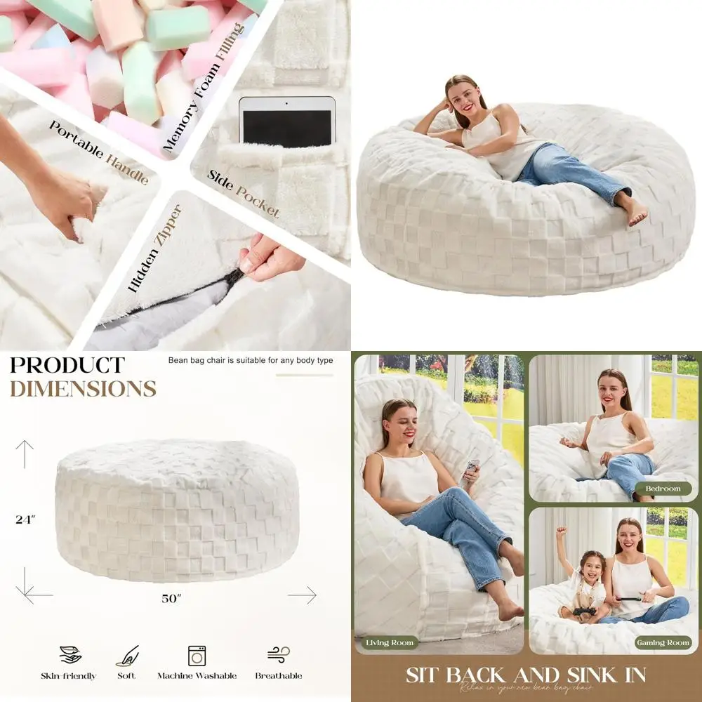 

Гигантское кресло-мешок белого цвета для взрослых - 50 x 50 x 24, подходит для гостиной и спальни, со съемным чехлом.