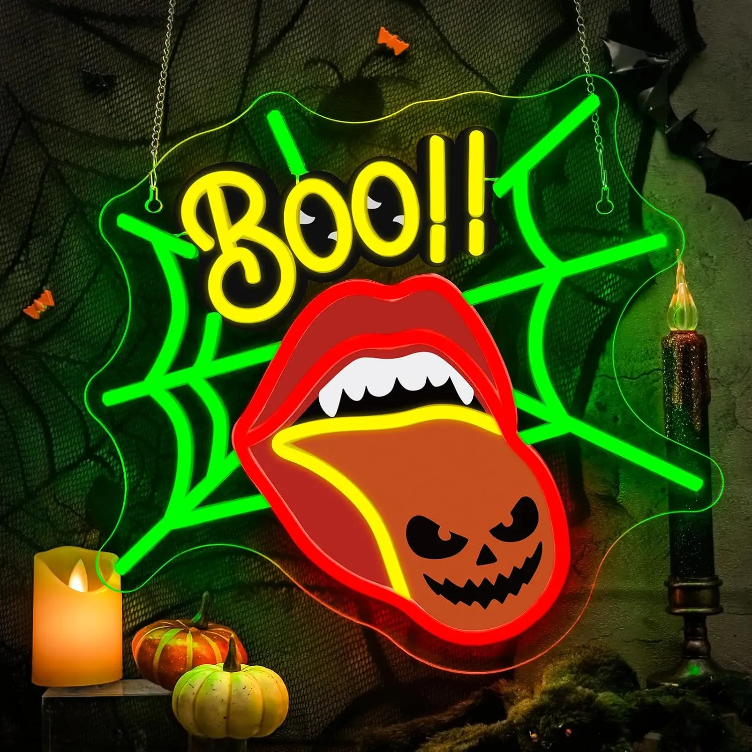 Boo Mouth Pumpkin Tongue Spider Web LED Neon Sign USB Neon Light for Game Room Halloween Party Bar Bedroom Decor Christmas Gift