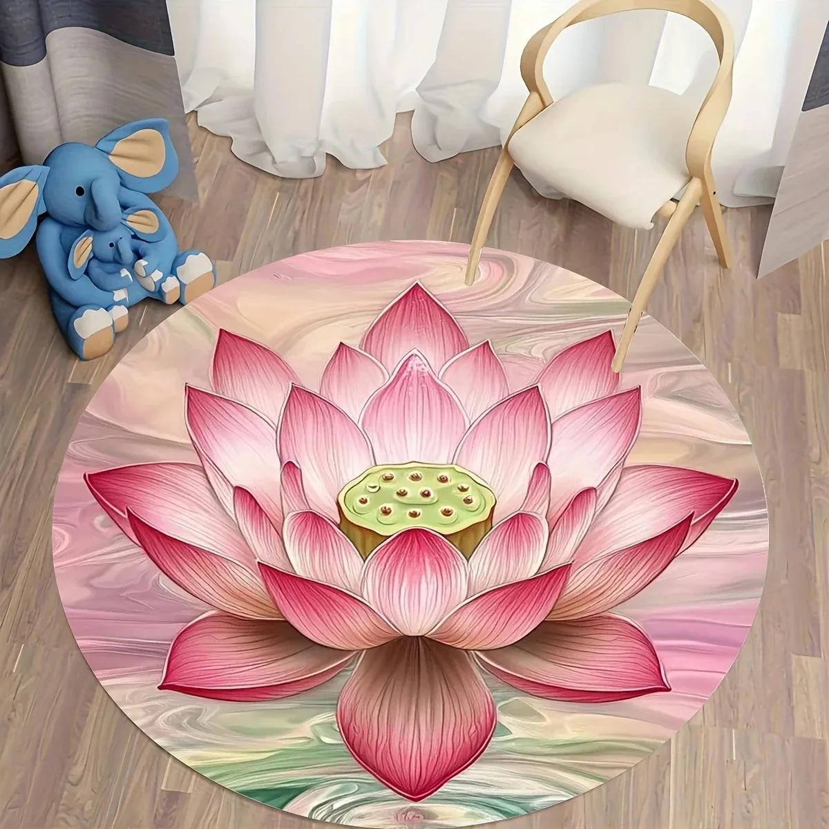 Artistic Pink Lotus Round Rug Carpet Beautiful Water Lily Flower Marble Texture Pattern Mat for Indoor Living Room Decoration