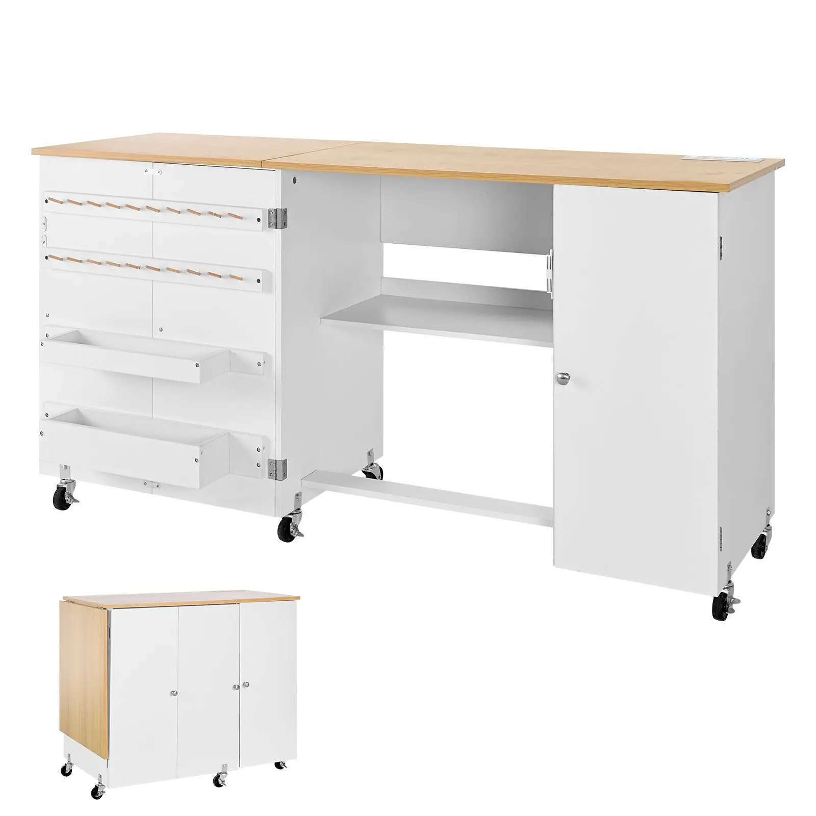 Folding Sewing Table, Multipurpose Sewing Machine Table with Cabinet, Charging Station, Compact Design, Wheels, Wooden Pegs, Sto