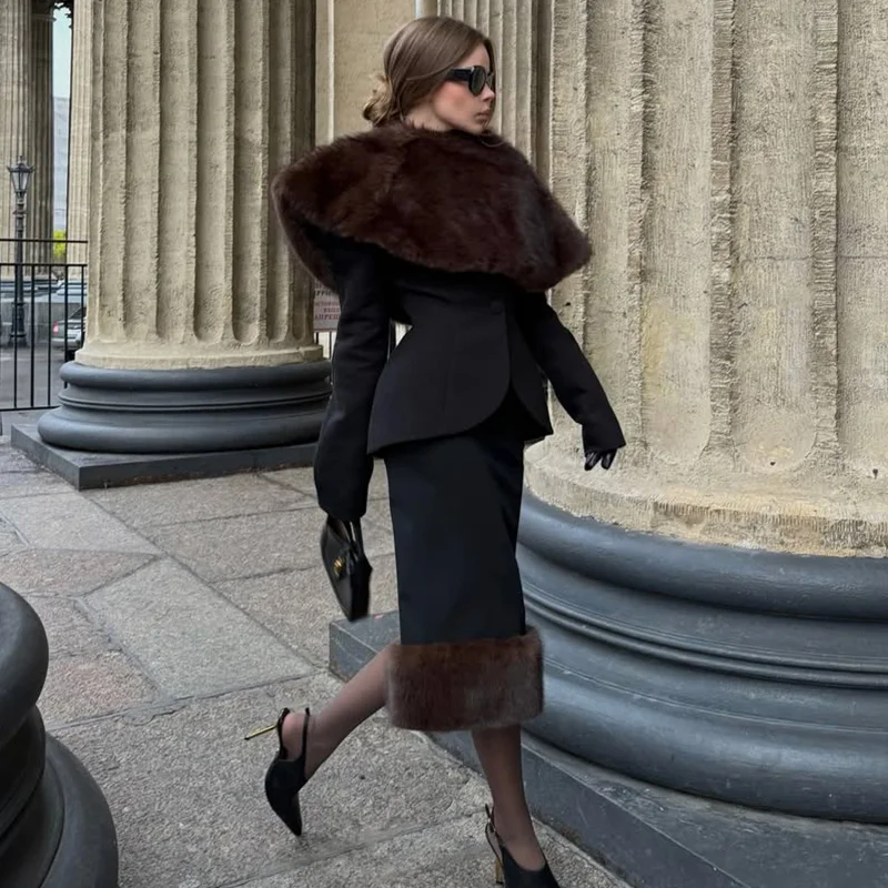 TARUXY Elegant Fur Shawl Skirt Women's Suit Fashionable Solid Loose Shawl Fitted Fur-Lined Midi Skirt Set Autumn Winter Female