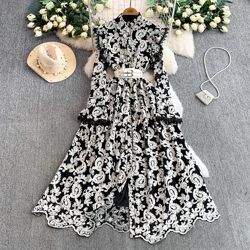 

Винтажное кружевное платье во французском стиле с вышивкой и рюшами по краям, женское осеннее платье с жемчужной пряжкой на талии, длинная юбка