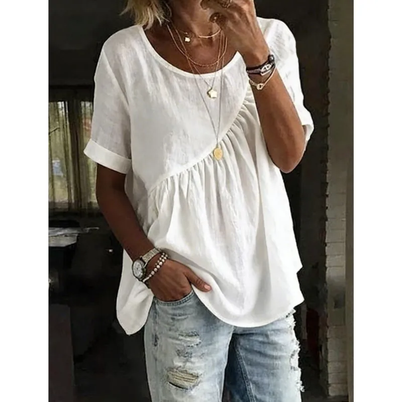 

Women Fashion Solid Casual Loose Blouses Spring Summer Round Neck Pleated Short Sleeve Shirts Tops 20260 New Women's Clothing