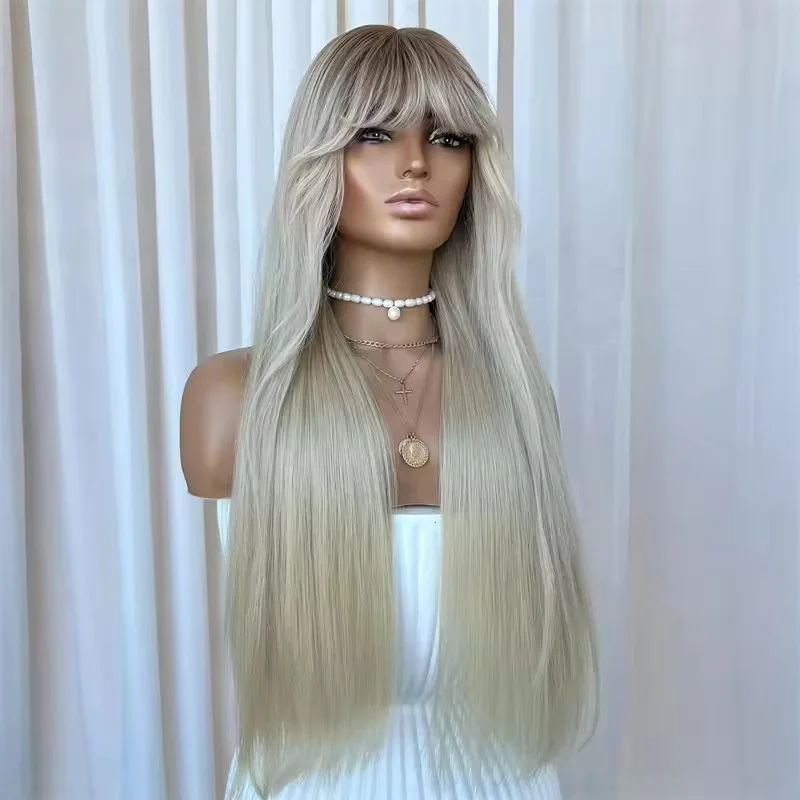 Ombre Ash Blonde Wigs with Bangs 100% Human Hair Wave None Lace Wig 200% Density