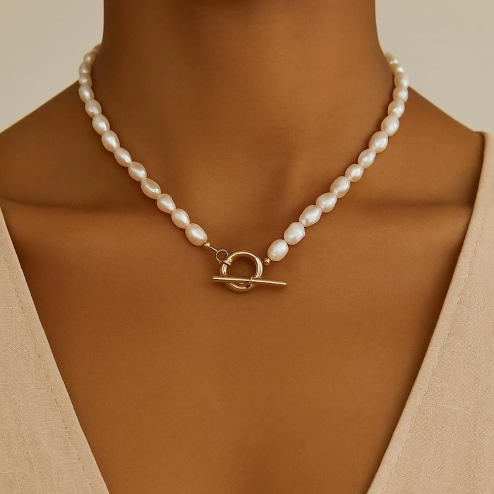 

Dainashi 5-6mm Rice Shape Freshwater Pearl Necklace for Women Handmade OT Buckle Dainty Statement Jewelry Gift