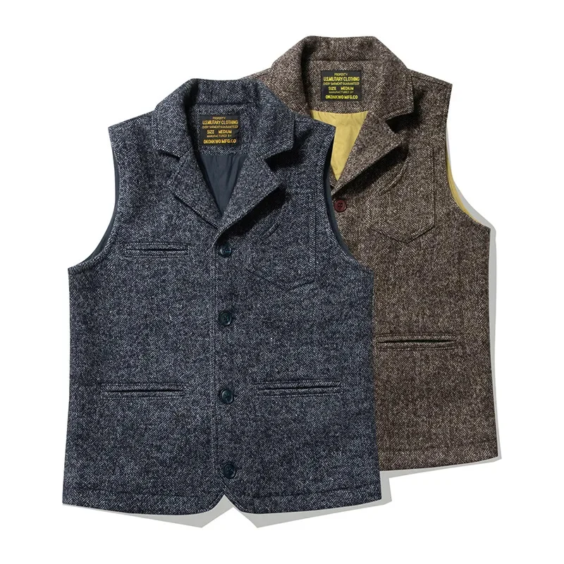 OKONKWO Retro British style coarse flower wool vest thick double-layer multi-pocket suit collar Ami Khaki mens Vest