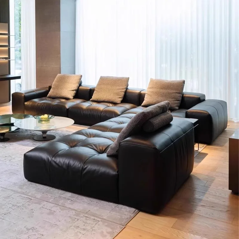 Customized Italian minimalist pixel leather sofa living room black first layer cowhide high-end leather art straight row modular