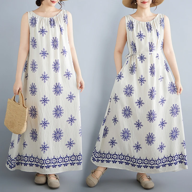 

Летнее свободное платье с этническим принтом для женщин: элегантное, тонкое, до колен, из бамбукового угольного волокна, приятное для кожи