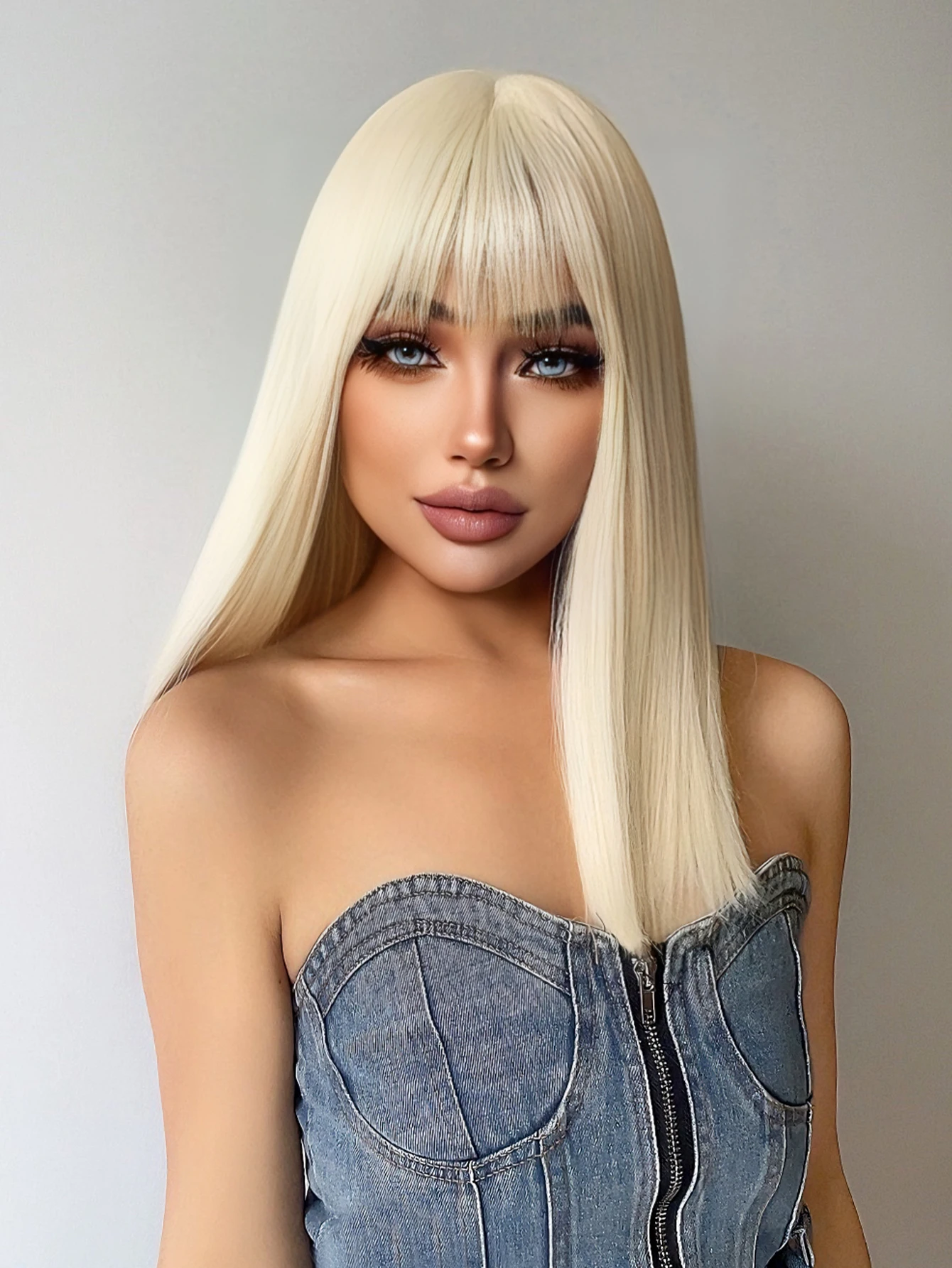 18 Zoll platinblonde synthetische Perücken mit Pony, lange natürliche glatte Haare, Perücke für Frauen, täglicher Gebrauch, Cosplay, Party, hitzebeständig