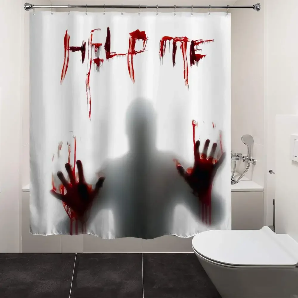 Halloween Shower Curtain Waterproof Bathroom Curtains Horror Bloody Hands Bath Curtain with Hooks for Help me Scary Home Decor