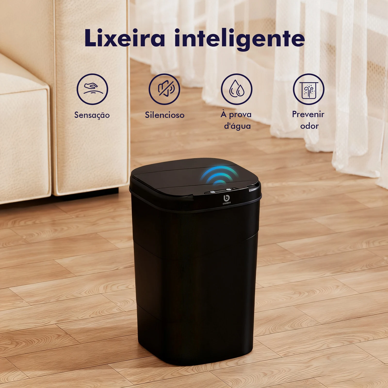 Lixeira Inteligente 14L Sensor Automático Para Banheiro Cozinha Anti Odor À Prova D'água Silenciosa Com Luz Noturna， Coibeu