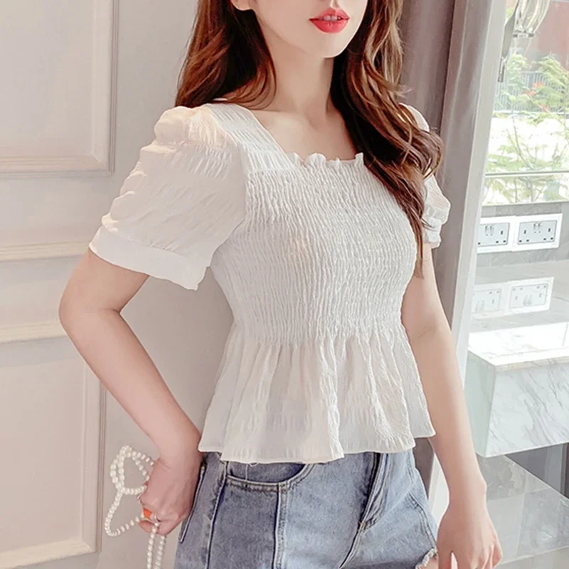 Summer Corset Top Blouse Women 2024 Fahsion Puff Sleeve White Purple Bustier Tops French Vintage Slim Sexy Chiffon Shirts Casual