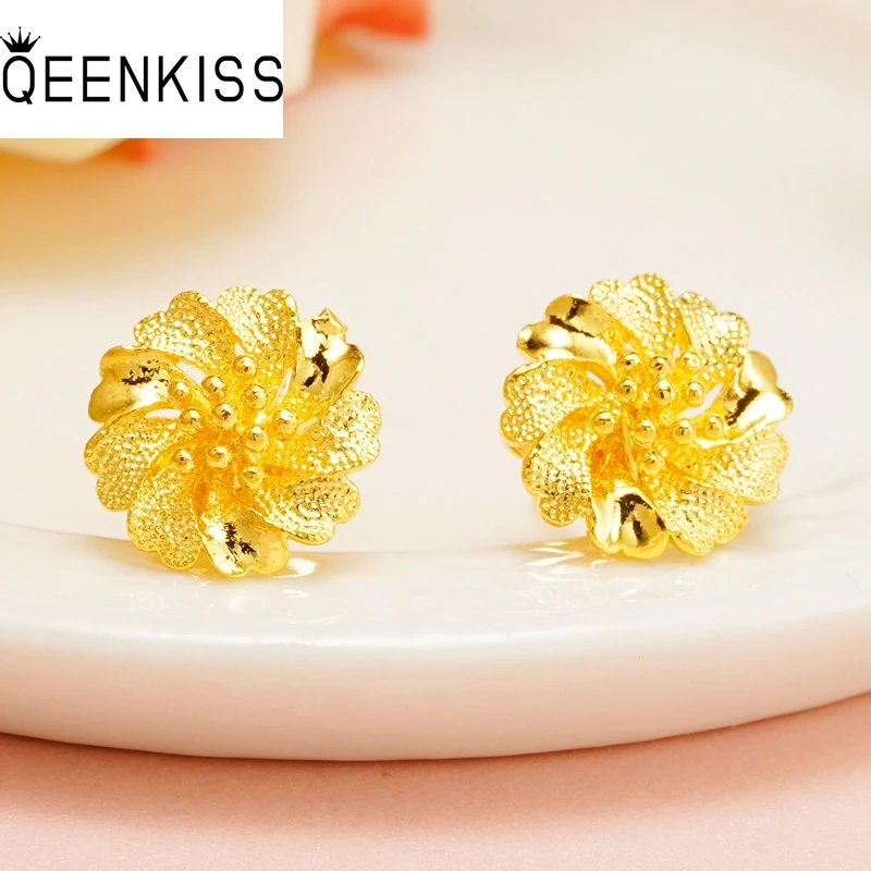 

QEENKISS 24KT Gold Flower Heart Stud Earrings For Women Wedding Party Birthday Christmas Bride Ladies Girl Mother Gifts EG502
