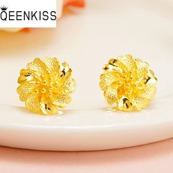 QEENKISS 24KT Gold Flower Heart Stud Earrings For Women Wedding Party Birthday Christmas Bride Ladies Girl Mother Gifts EG502