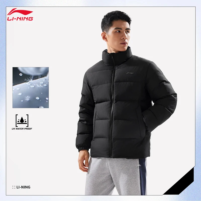 LI-NING Fitness series męska kurtka puchowa z krótkim rękawem LN WATER PROOF, dopasowany krój 3D, zimowa kurtka bawełniana AYMV215