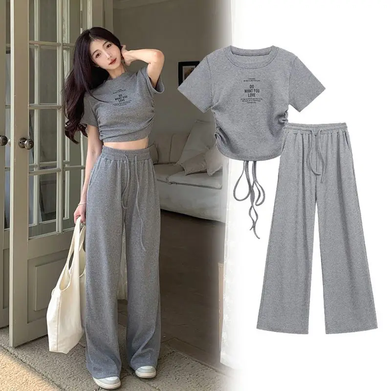 2025 Summer Women Casual Gray Letter Shirring T-Shirts Pants Two Piece Sets Lady Sporty Style Slim Crop Tops Trousers Outfits
