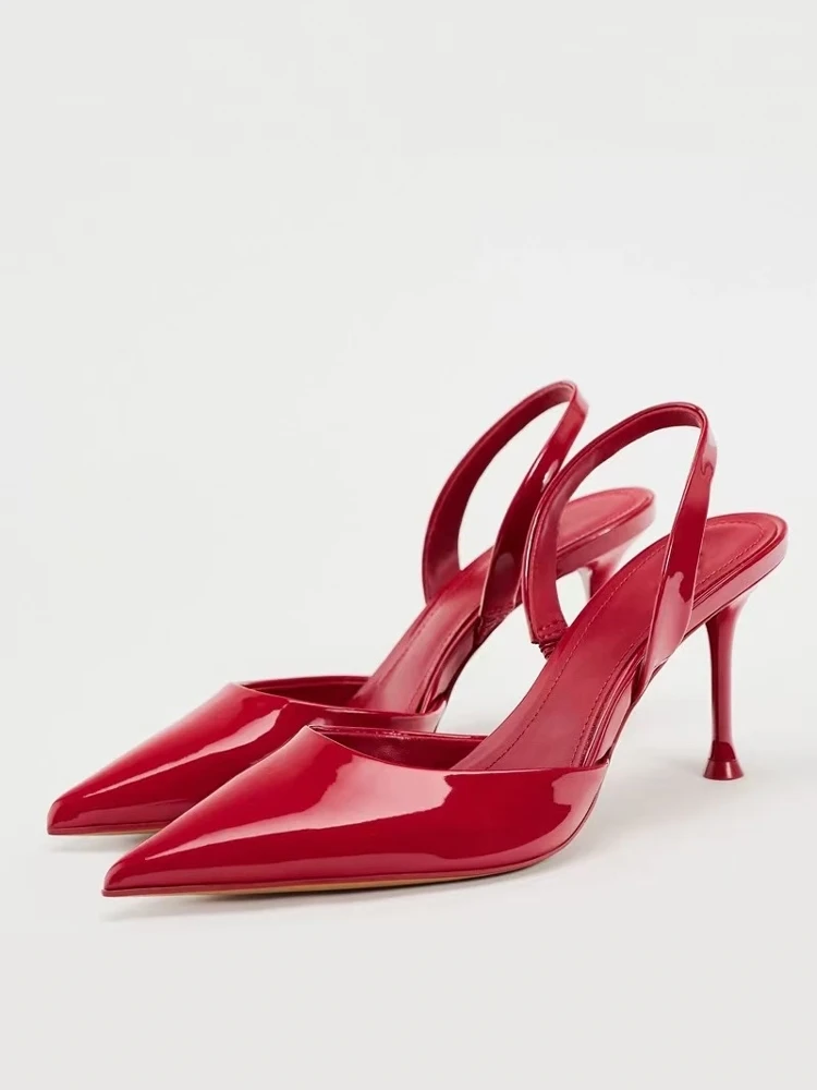 

New women's shoes in red patent leather with shiny surface, pointed temperament, slim high heels, Mueller shoes, hollow sandals