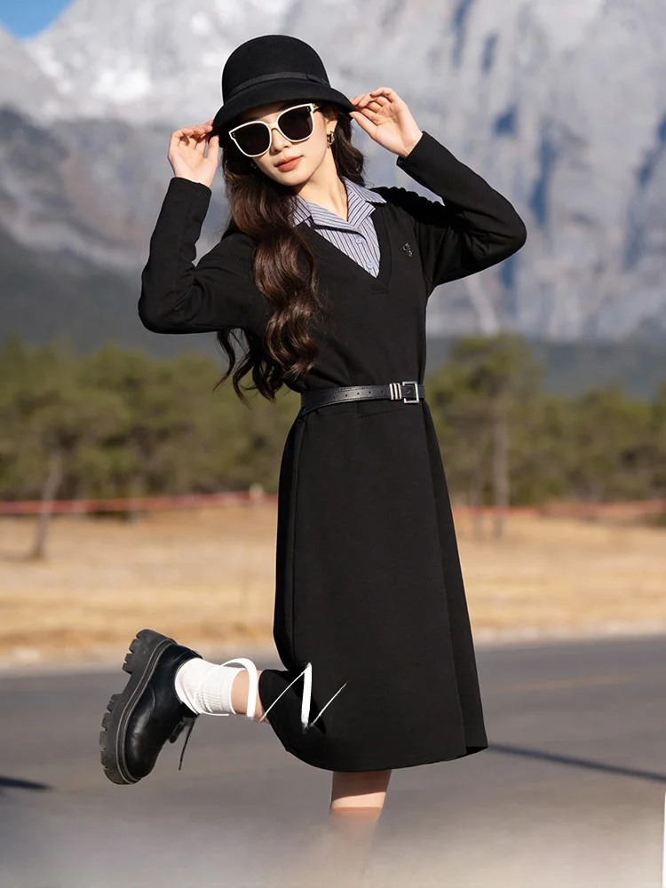 

plus Size Dress High Waist A-Line Skirt Long Sleeve Korean Style Commute Fashion Polyester Fiber Belted Winter New Arrival