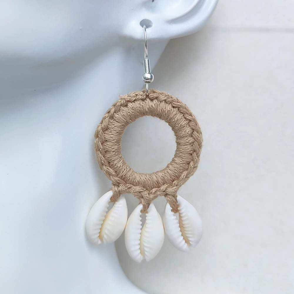 Original New Fashion Boho Beach Shell Crochet Earrings Large Circle Shell Tassel Dangle Drop Earring For Women