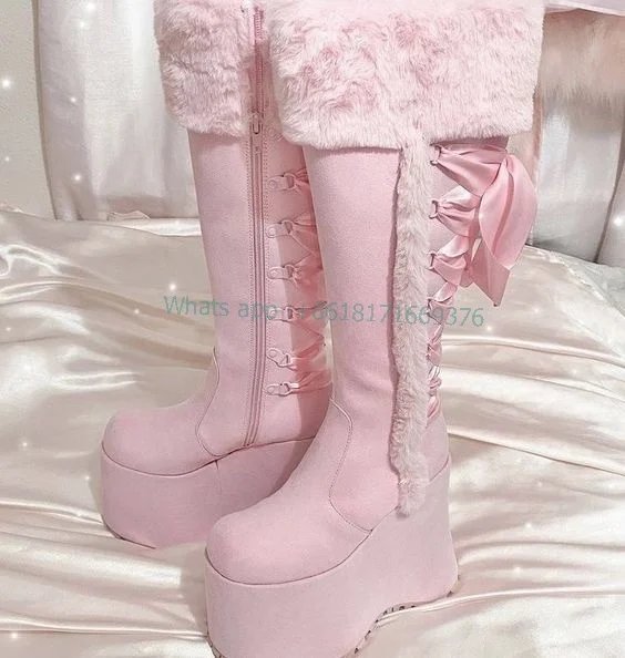 Design Pink Cute Round Toe Knee High Boots Women Platform Fur High Heel Warm Snow Boots 2023 Girl Dress Suede Lace up Shoes