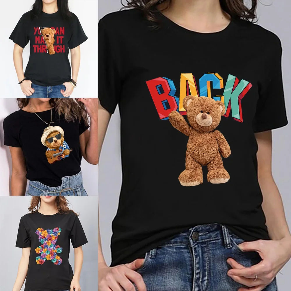 T Shirt Ladies Round Neck Tee Short Sleeve Black Simple Bear Print Summer Fashion Casual Women Top T Shirt