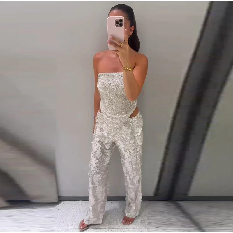 Pailletten-Zweiteiler für Damen, schulterfreies Tube-Top, mittelhohe Taille, gerade geschnittene Hose, sexy, modisches, passendes Outfit für Partys – Detail 12