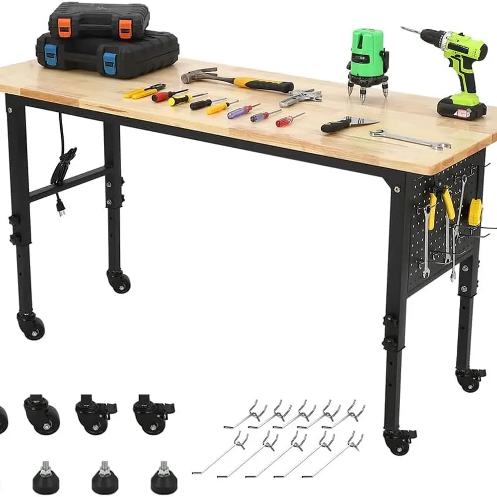 60 x 24 Adjustable Height Rolling Workbench with Pegboard, 4 Outlets, 2 USB Ports, Heavy Duty Woodworking Table