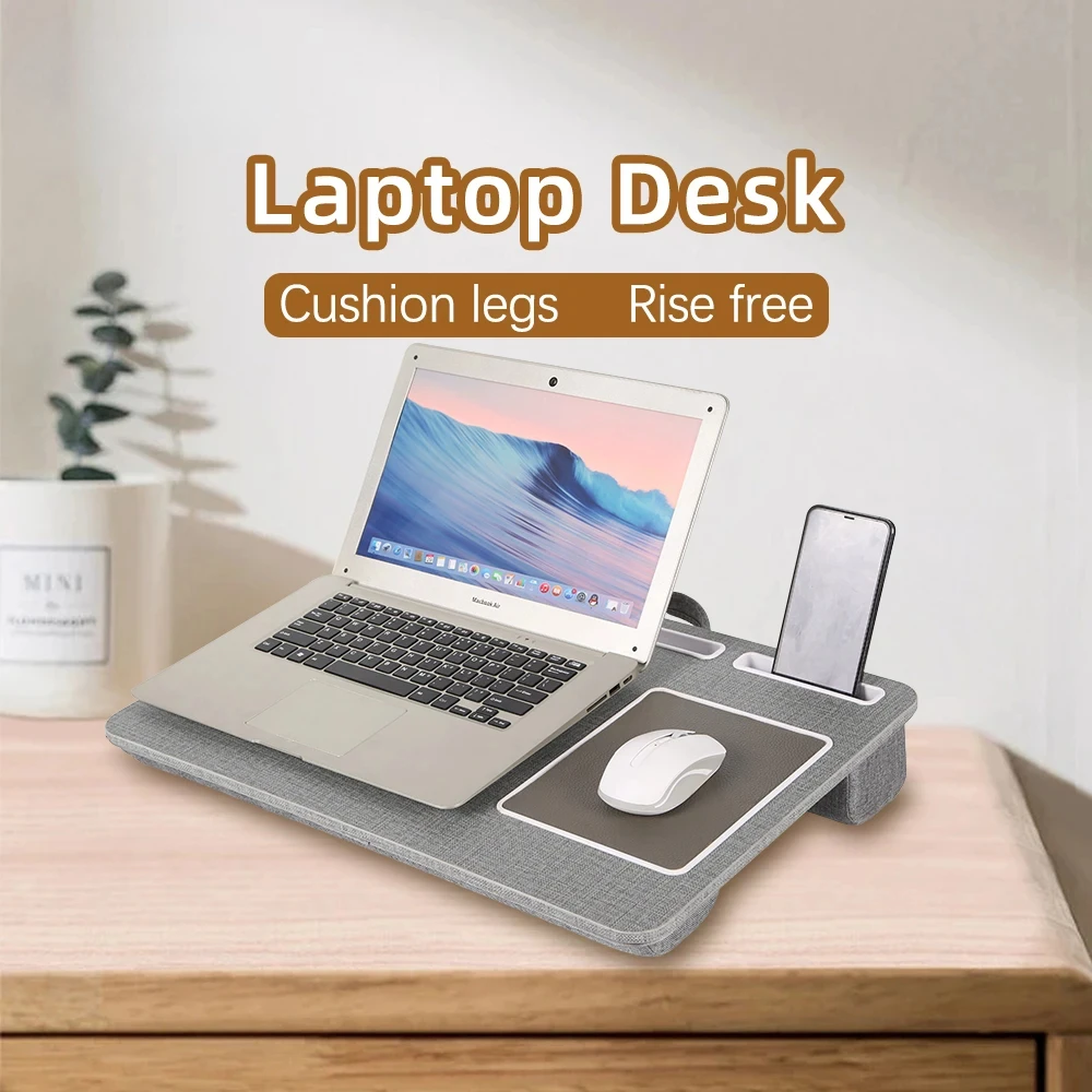 

Laptop Table Bed Desk w/ Tablet Stand, Phone Slot, Built-in Mouse Pad, Soft Cushion Base, Portable Notebook Tray Holder