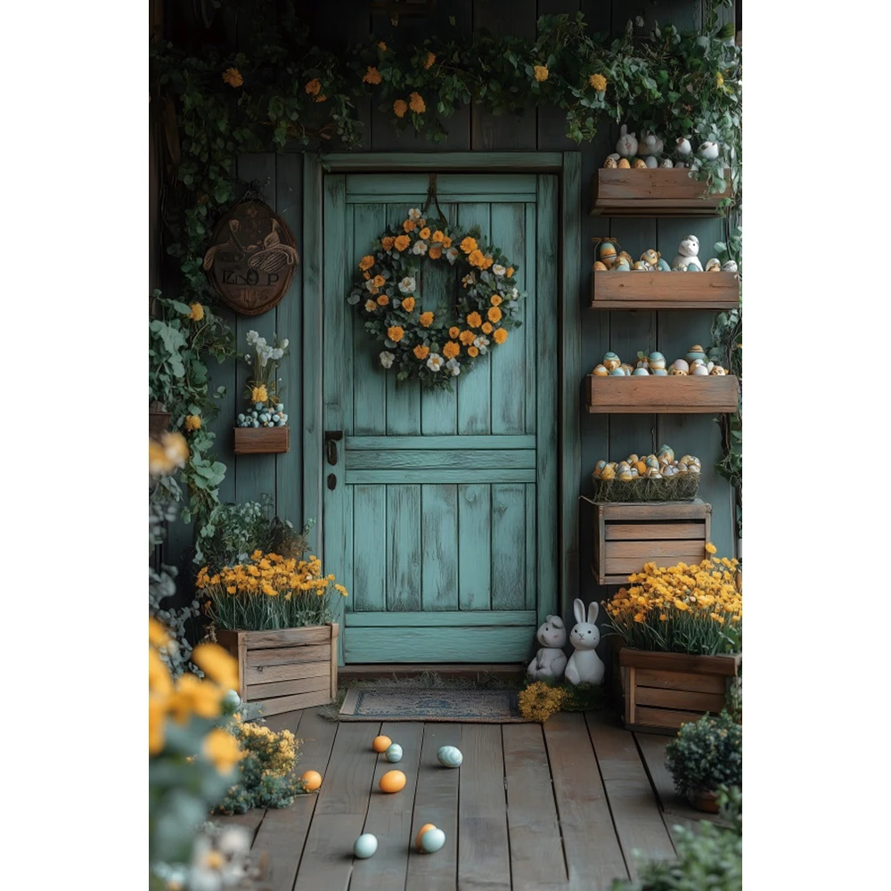 Spring Easter Photography Backdrop Garden Flower Rabbit Egg Bunny Wooden Door Floral Kids Birthday Party Background Photo Studio