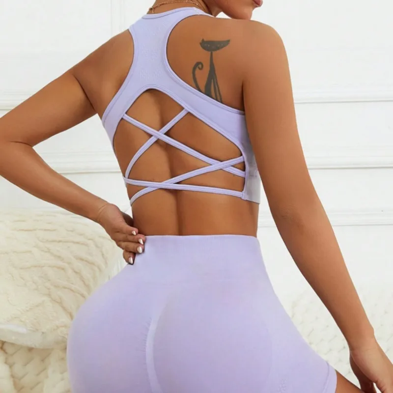 Cross Strap Racerback Gym Set Women Seamless High Waisted Shorts Two Piece Workout Outfit Fashion Fitness Suit for Training